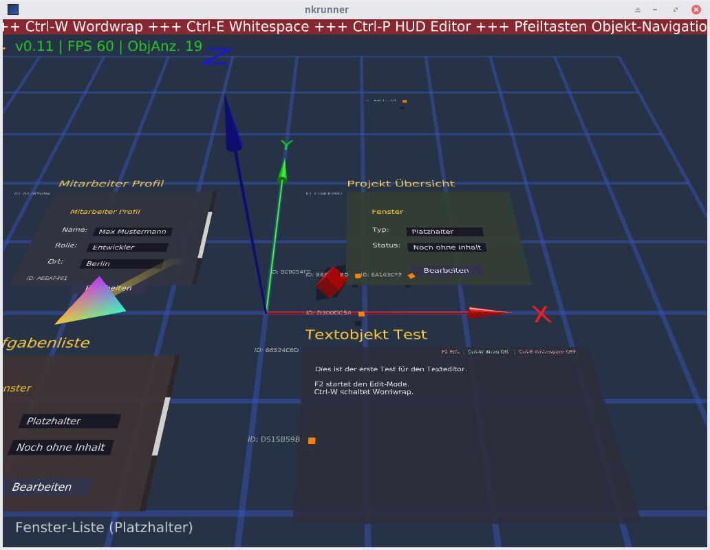 Vorschau der 3D Spatial UI mit schwebenden Text-Panels und Koordinatensystem
